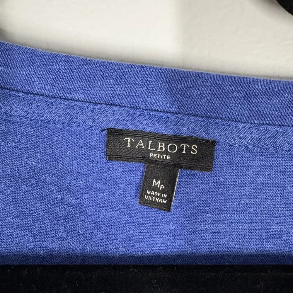 Talbots Petite MP Blue Button Shoulder Scoop Neck Short Sleeve Linen Blend Tee